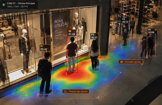 Mapa de calor no piso em frente a uma vitrine, com o tempo de permanência de cada pessoa